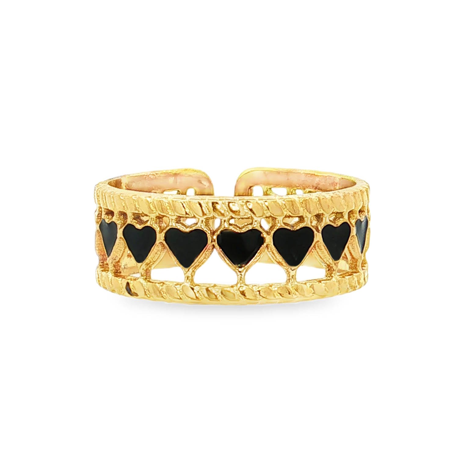 Apportez une touche à la fois romantique et résolument moderne à votre style avec cette magnifique bague bandeau ajourée. Conçue en acier inoxydable de haute qualité, elle associe la durabilité du métal à la finesse d'un design travaillé.<br/>Une frise continue de petits cœurs délicats, habillés d'un émail noir intense qui crée un contraste saisissant avec l'éclat du métal.<br/>Sa structure ouverte à l'arrière est idéale pour s'adapter facilement à toutes les tailles de doigt. Coeur Adolescent Adulte Amour Eté Femme Fille Printemps Apportez une touche à la fois romantique et résolument moderne à votre style avec cette magnifique bague bandeau ajourée. Conçue en acier inoxydable de haute qualité, elle associe la durabilité du métal à la finesse d'un design travaillé.<br/>Une frise continue de petits cœurs délicats, habillés d'un émail noir intense qui crée un contraste saisissant avec l'éclat du métal.<br/>Sa structure ouverte à l'arrière est idéale pour s'adapter facilement à toutes les tailles de doigt. Coeur Adolescent Adulte Amour Eté Femme Fille Printemps