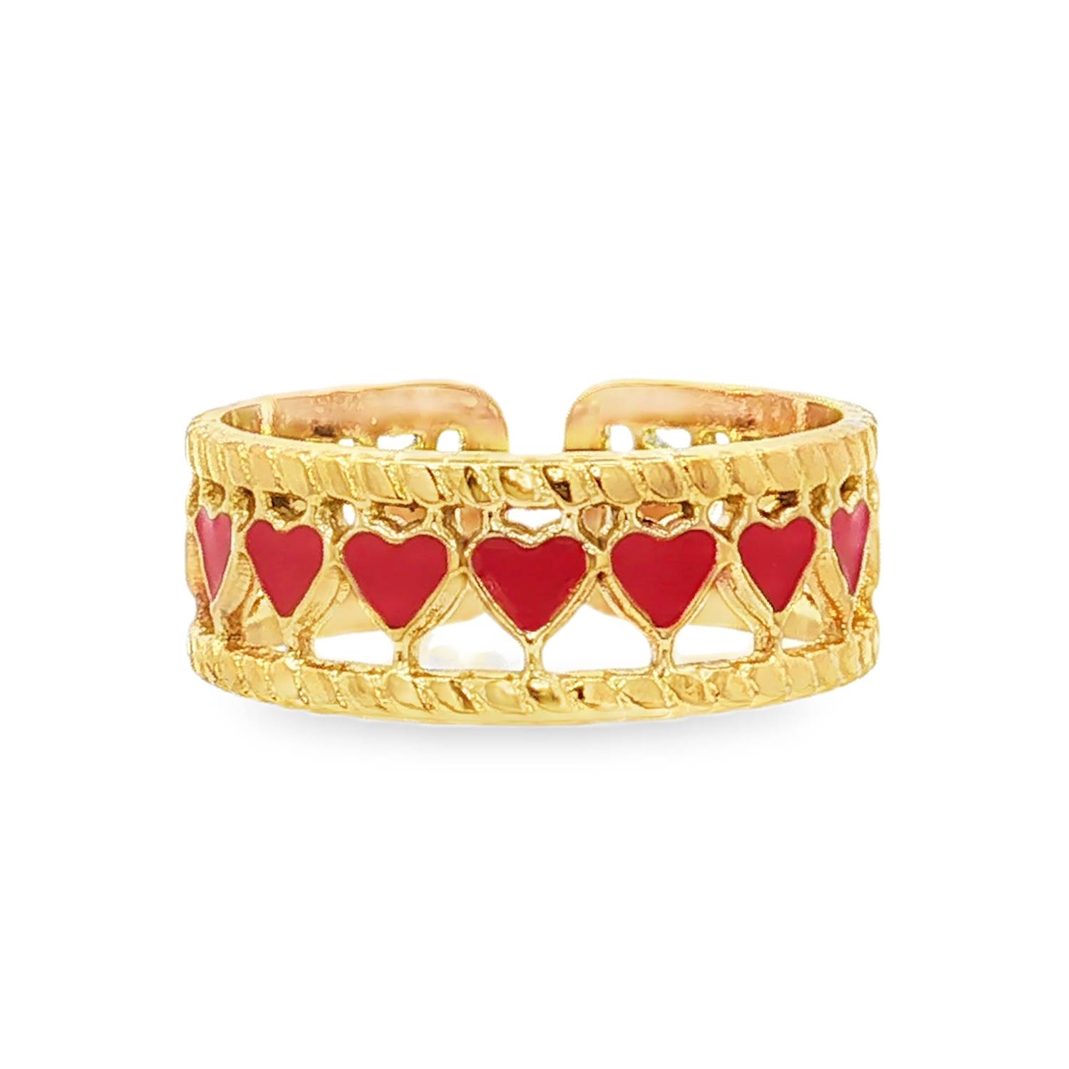 Apportez une touche à la fois romantique et résolument moderne à votre style avec cette magnifique bague bandeau ajourée. Conçue en acier inoxydable de haute qualité, elle associe la durabilité du métal à la finesse d'un design travaillé.<br/>Une frise continue de petits cœurs délicats, habillés d'un émail rouge intense qui crée un contraste saisissant avec l'éclat du métal.<br/>Sa structure ouverte à l'arrière est idéale pour s'adapter facilement à toutes les tailles de doigt. Coeur Adolescent Adulte Amour Eté Femme Fille Printemps Apportez une touche à la fois romantique et résolument moderne à votre style avec cette magnifique bague bandeau ajourée. Conçue en acier inoxydable de haute qualité, elle associe la durabilité du métal à la finesse d'un design travaillé.<br/>Une frise continue de petits cœurs délicats, habillés d'un émail rouge intense qui crée un contraste saisissant avec l'éclat du métal.<br/>Sa structure ouverte à l'arrière est idéale pour s'adapter facilement à toutes les tailles de doigt. Coeur Adolescent Adulte Amour Eté Femme Fille Printemps