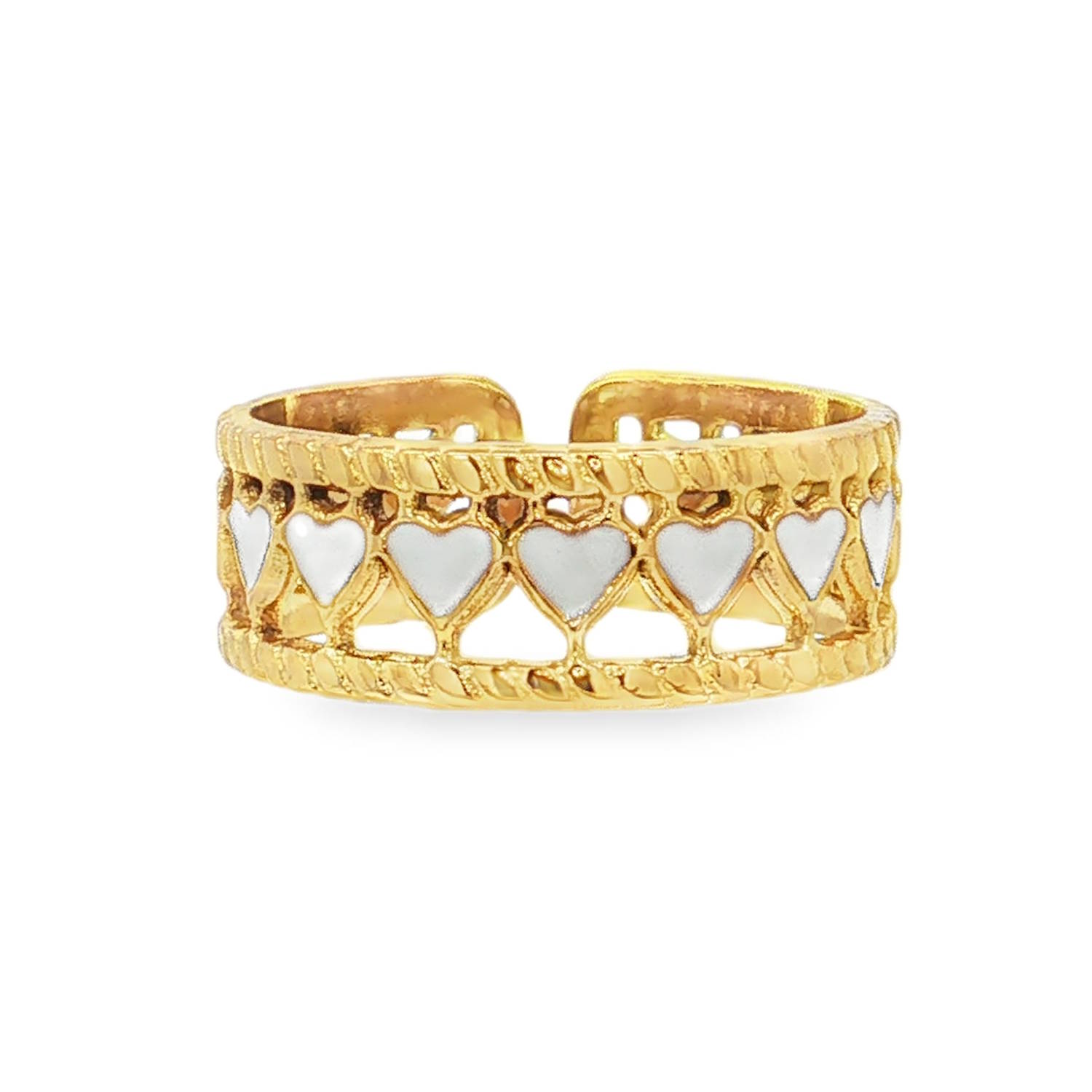 Apportez une touche à la fois romantique et résolument moderne à votre style avec cette magnifique bague bandeau ajourée. Conçue en acier inoxydable de haute qualité, elle associe la durabilité du métal à la finesse d'un design travaillé.<br/>Une frise continue de petits cœurs délicats, habillés d'un émail blanc intense qui crée un contraste saisissant avec l'éclat du métal.<br/>Sa structure ouverte à l'arrière est idéale pour s'adapter facilement à toutes les tailles de doigt. Coeur Adolescent Adulte Amour Eté Femme Fille Printemps Apportez une touche à la fois romantique et résolument moderne à votre style avec cette magnifique bague bandeau ajourée. Conçue en acier inoxydable de haute qualité, elle associe la durabilité du métal à la finesse d'un design travaillé.<br/>Une frise continue de petits cœurs délicats, habillés d'un émail blanc intense qui crée un contraste saisissant avec l'éclat du métal.<br/>Sa structure ouverte à l'arrière est idéale pour s'adapter facilement à toutes les tailles de doigt. Coeur Adolescent Adulte Amour Eté Femme Fille Printemps