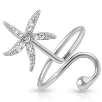 Bague anneau d'ongle en métal argenté avec un étoile de mer pavée de strass. Taille ajustable.
