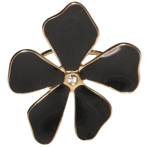 Bague en forme de fleur en acier doré pavée d'émail de couleur noire et sertie d'un cristal rond. Taille ajustable.