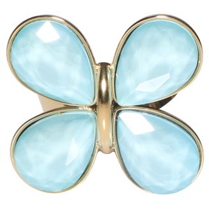 Bague en forme de papillon en acier doré sertie de cristaux de couleur bleu turquoise. Taille ajustable.