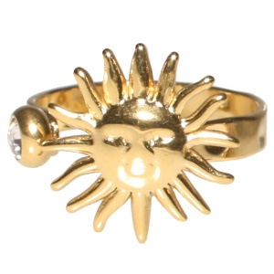 Bague composée d'un soleil en acier doré et d'un strass serti clos. Taille ajustable.