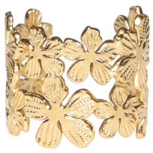 Bague composée de fleurs en acier doré. Taille ajustable.