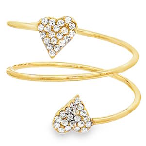 Bague en acier doré, orné de deux motifs en forme de cœur pavés de strass incolores taille brillant. Un design moderne et romantique, parfait pour ajouter une touche d'éclat à votre tenue. Un bijou précieux et élégant, idéal pour les occasions spéciales ou pour offrir en cadeau.