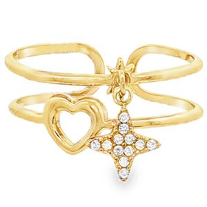 Cette bague en acier doré au design aérien et moderne est une véritable pièce de créateur. Elle combine finesse et originalité pour habiller votre doigt avec élégance. La bague se compose de deux anneaux fins et parallèles qui créent un effet de superposition très tendance, donnant l'illusion de porter deux bagues distinctes. Le premier anneau est orné d'un cœur évidé fixe, symbole de douceur, tandis qu'une étoile du nord scintillante est suspendue à l'anneau supérieur. L'étoile est délicatement sertie de petits cristaux blancs qui capturent la lumière à chaque mouvement de la main. Sa structure ouverte (ajustable) permet de l'adapter facilement à différentes tailles de doigts, offrant un port agréable au quotidien.