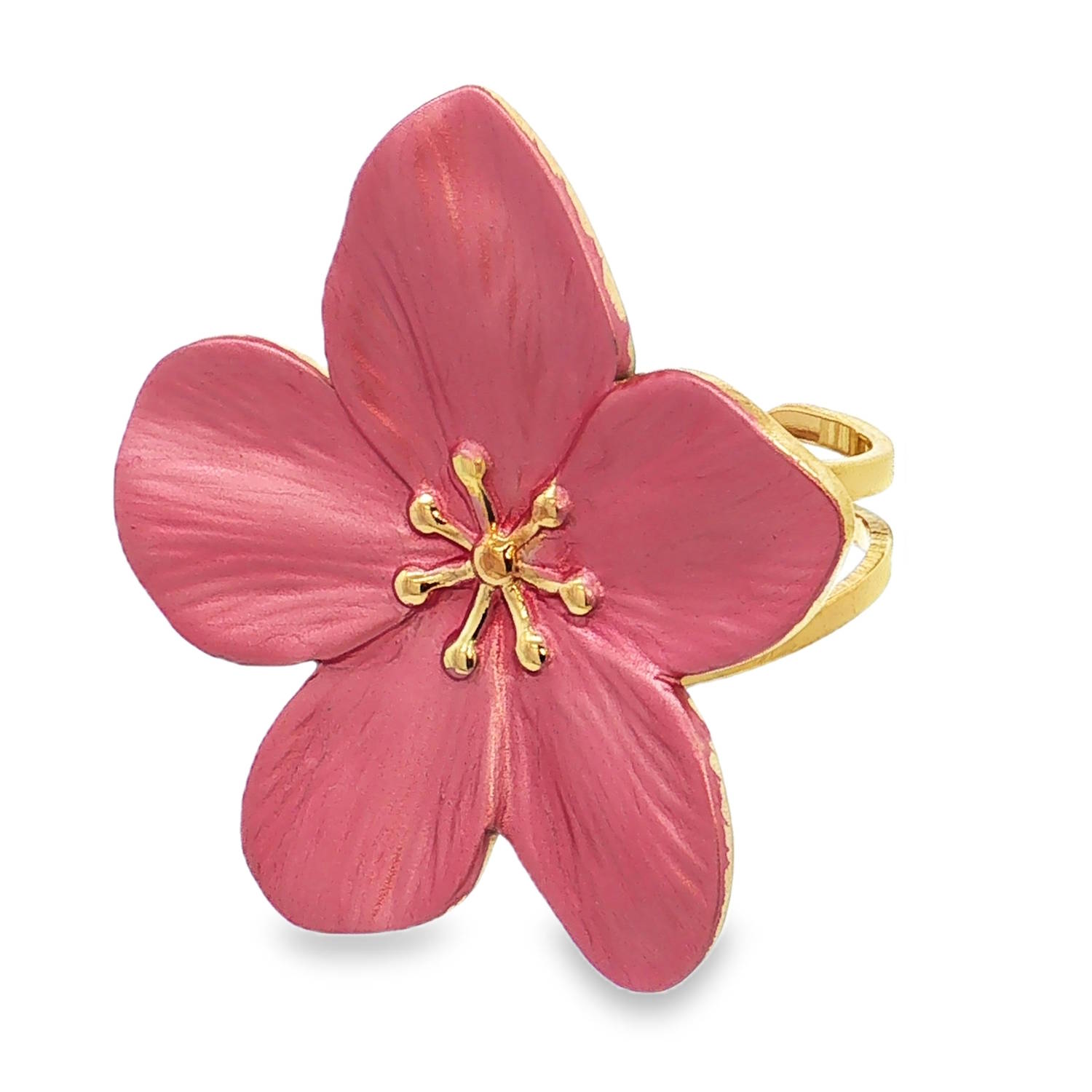 Cette bague captivante est une véritable célébration de la nature, alliant la robustesse de l'acier inoxydable à la finesse d'un design printanier. Elle se distingue par son volume généreux et son travail de texture remarquable.<br/>La bague se distingue par son imposant chaton en forme de fleur de cerisier (sakura) à cinq pétales. La fleur arbore une teinte rose fuchsia vibrante, réalisée avec un émail mat qui donne de la profondeur et du relief au motif végétal. Les détails du cœur de la fleur, avec ses étamines dorées saillantes, apportent une touche de réalisme raffinée.<br/>Les pétales arborent une teinte lilas nacrée avec des reflets irisés qui changent selon la lumière, apportant une touche de douceur et de modernité.<br/>Le cœur de la fleur est orné de pistils en relief au fini doré brillant, créant un contraste luxueux avec le pastel des pétales.<br/>Sa structure ajustable permet de l'adapter facilement à toutes les morphologies de doigts. Adolescent Adulte Eté Femme Fille Fleurs Nature Printemps Cette bague captivante est une véritable célébration de la nature, alliant la robustesse de l'acier inoxydable à la finesse d'un design printanier. Elle se distingue par son volume généreux et son travail de texture remarquable.<br/>La bague se distingue par son imposant chaton en forme de fleur de cerisier (sakura) à cinq pétales. La fleur arbore une teinte rose fuchsia vibrante, réalisée avec un émail mat qui donne de la profondeur et du relief au motif végétal. Les détails du cœur de la fleur, avec ses étamines dorées saillantes, apportent une touche de réalisme raffinée.<br/>Les pétales arborent une teinte lilas nacrée avec des reflets irisés qui changent selon la lumière, apportant une touche de douceur et de modernité.<br/>Le cœur de la fleur est orné de pistils en relief au fini doré brillant, créant un contraste luxueux avec le pastel des pétales.<br/>Sa structure ajustable permet de l'adapter facilement à toutes les morphologies de doigts. Adolescent Adulte Eté Femme Fille Fleurs Nature Printemps