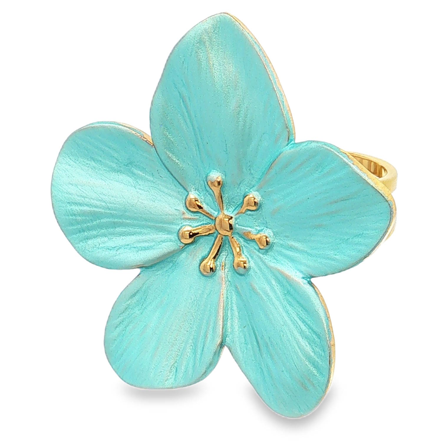 Apportez une touche de fraîcheur et de poésie à votre main avec cette bague sculpturale en acier inoxydable. Inspirée par la délicatesse de la nature, cette pièce maîtresse combine un design audacieux et des finitions raffinées.<br/>La bague arbore une fleur épanouie à cinq pétales, finement nervurés pour un rendu réaliste et organique.<br/>Les pétales sont recouverts d'un émail satiné bleu turquoise, créant un contraste saisissant avec les détails dorés du cœur de la fleur.<br/>Sa structure ajustable permet de l'adapter facilement à toutes les morphologies de doigts. Adolescent Adulte Eté Femme Fille Fleurs Nature Printemps Apportez une touche de fraîcheur et de poésie à votre main avec cette bague sculpturale en acier inoxydable. Inspirée par la délicatesse de la nature, cette pièce maîtresse combine un design audacieux et des finitions raffinées.<br/>La bague arbore une fleur épanouie à cinq pétales, finement nervurés pour un rendu réaliste et organique.<br/>Les pétales sont recouverts d'un émail satiné bleu turquoise, créant un contraste saisissant avec les détails dorés du cœur de la fleur.<br/>Sa structure ajustable permet de l'adapter facilement à toutes les morphologies de doigts. Adolescent Adulte Eté Femme Fille Fleurs Nature Printemps