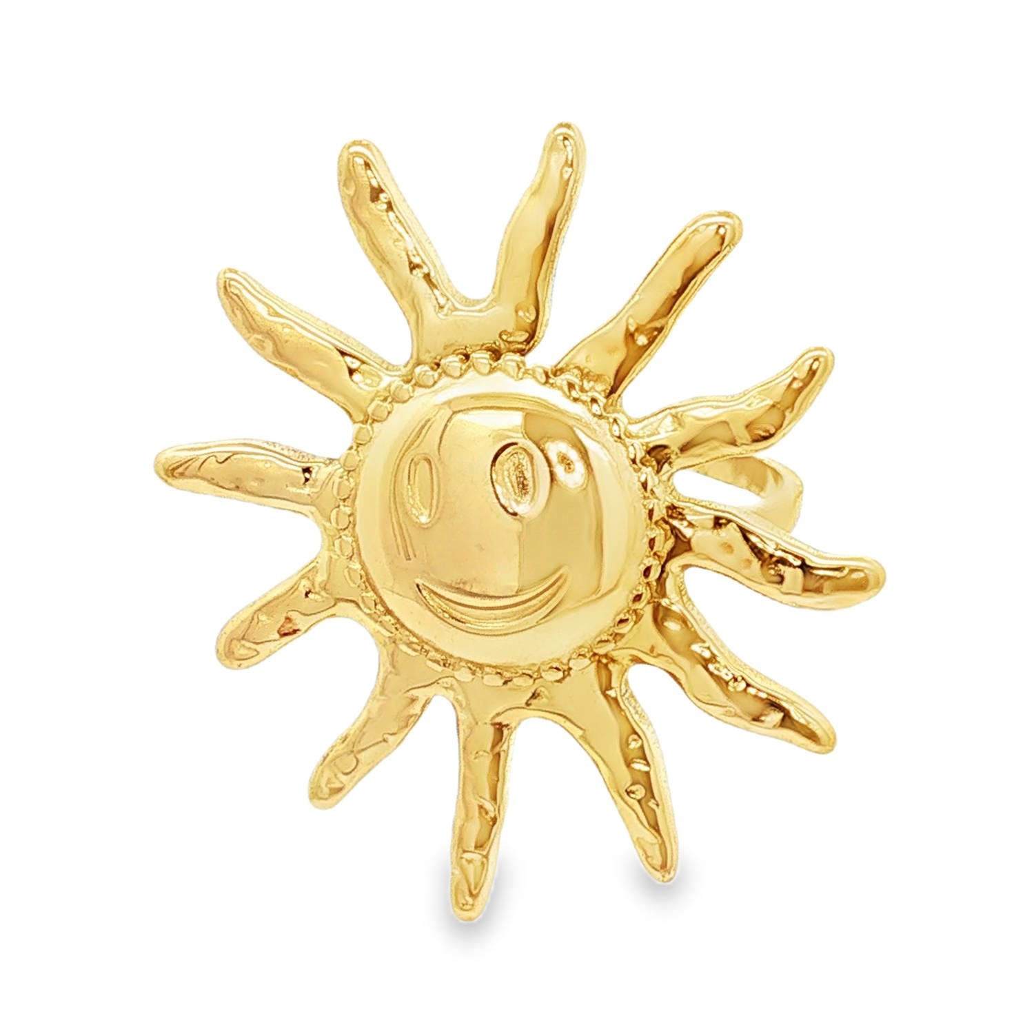 Cette bague en acier doré est une pièce à la fois audacieuse et solaire, parfaite pour insuffler une dose de bonne humeur à votre style. Elle se distingue par son design original et son allure sculpturale.<br/>La bague représente un soleil rayonnant avec un visage souriant (style smiley) en son centre. Le visage est gravé en relief avec un clin d'œil malicieux, apportant une touche ludique et décontractée.<br/>Elle arbore quatorze rayons de longueurs inégales et aux formes légèrement ondulées, ce qui donne une impression de mouvement organique, presque comme du métal liquide.<br/>Sa structure ajustable permet de l'adapter facilement à toutes les morphologies de doigts. Soleil Adolescent Adulte Femme Fille Indémodable Nature Cette bague en acier doré est une pièce à la fois audacieuse et solaire, parfaite pour insuffler une dose de bonne humeur à votre style. Elle se distingue par son design original et son allure sculpturale.<br/>La bague représente un soleil rayonnant avec un visage souriant (style smiley) en son centre. Le visage est gravé en relief avec un clin d'œil malicieux, apportant une touche ludique et décontractée.<br/>Elle arbore quatorze rayons de longueurs inégales et aux formes légèrement ondulées, ce qui donne une impression de mouvement organique, presque comme du métal liquide.<br/>Sa structure ajustable permet de l'adapter facilement à toutes les morphologies de doigts. Soleil Adolescent Adulte Femme Fille Indémodable Nature