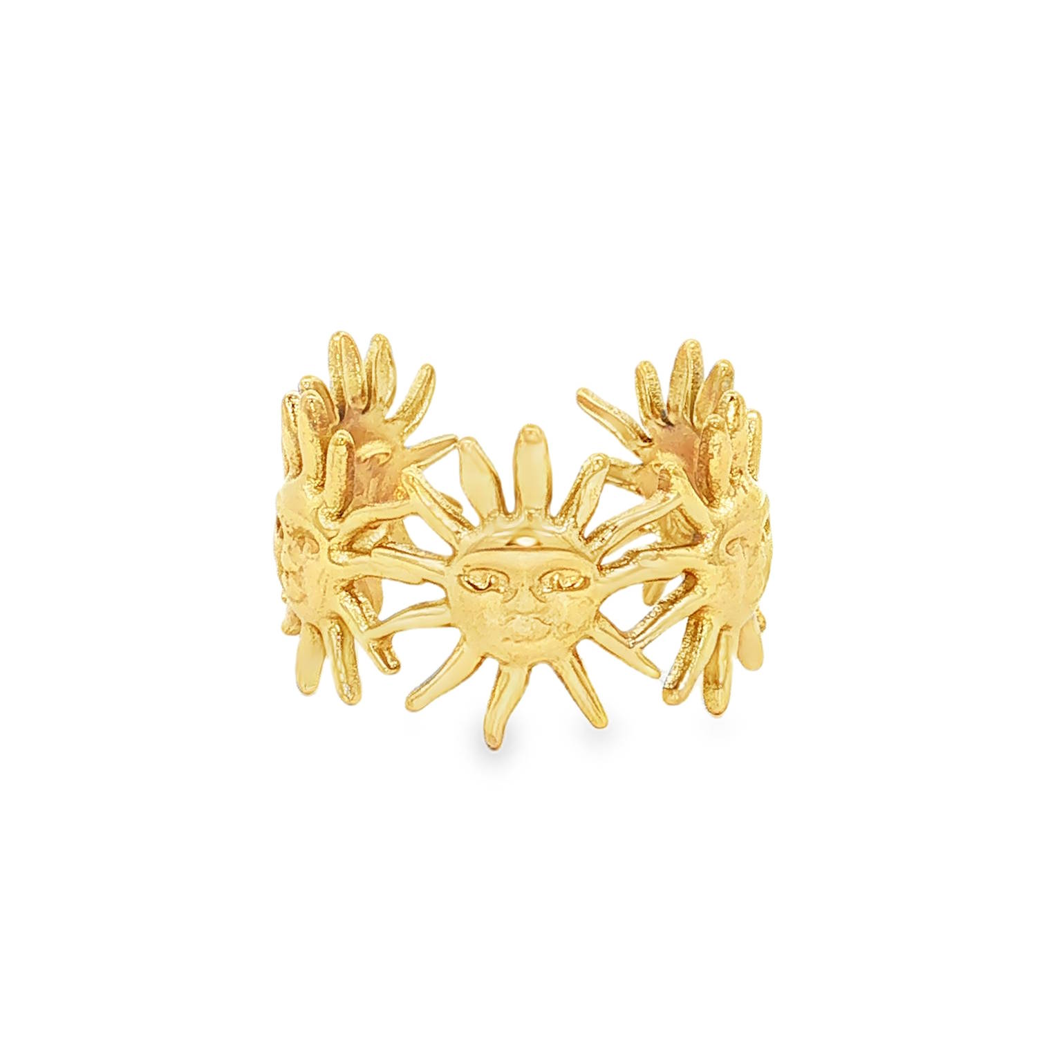 Cette bague est une pièce maîtresse au style affirmé, alliant symbolisme solaire et esthétique bohème-chic.<br/>Cette bague bandeau se distingue par son motif répétitif de soleils stylisés. Chaque astre est finement travaillé avec un visage aux traits sereins, entouré de rayons irréguliers qui apportent une texture organique et dynamique.<br/>Sa structure ajustable permet de l'adapter facilement à toutes les morphologies de doigts. Soleil Adolescent Adulte Femme Fille Indémodable Nature Cette bague est une pièce maîtresse au style affirmé, alliant symbolisme solaire et esthétique bohème-chic.<br/>Cette bague bandeau se distingue par son motif répétitif de soleils stylisés. Chaque astre est finement travaillé avec un visage aux traits sereins, entouré de rayons irréguliers qui apportent une texture organique et dynamique.<br/>Sa structure ajustable permet de l'adapter facilement à toutes les morphologies de doigts. Soleil Adolescent Adulte Femme Fille Indémodable Nature