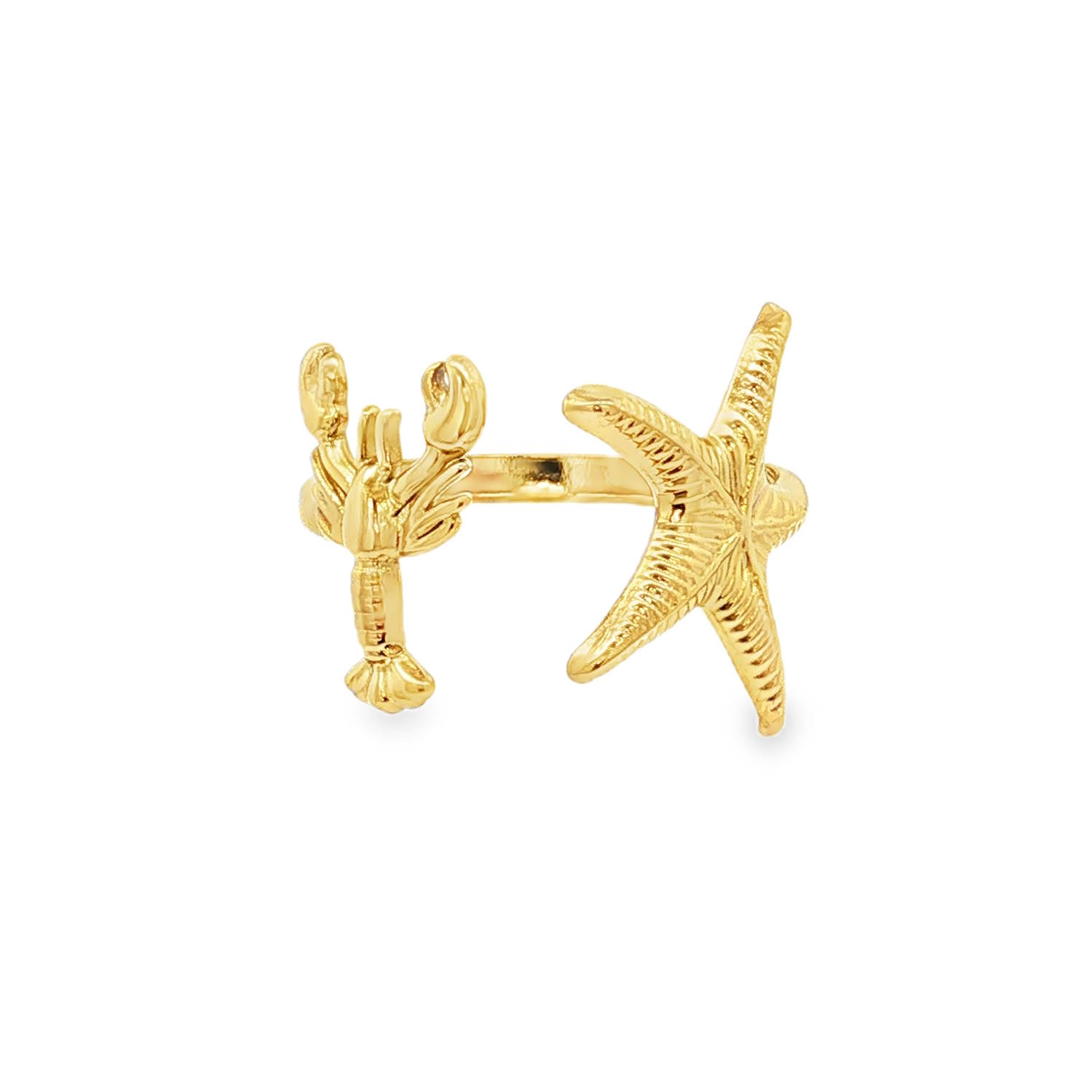 Apportez une touche de fantaisie et d'élégance iodée à votre main avec cette bague ouverte au design unique. Ce bijou capture l'essence des fonds marins à travers un duo iconique et plein de caractère.<br/>Cette bague se distingue par son style Toi et Moi revisité, où deux motifs emblématiques de l'océan semblent se rejoindre sur le doigt.<br/>Le homard, ciselé avec précision, apporte une note audacieuse et originale. Ses pinces et sa carapace texturée témoignent d'un travail de détail soigné.<br/>L'étoile de mer, symbole de régénération et de chance, elle arbore des reliefs travaillés qui captent la lumière à chaque mouvement.<br/>Sa structure ajustable permet de l'adapter facilement à toutes les morphologies de doigts. Etoile Adolescent Adulte Animaux Femme Fille Indémodable Nature Apportez une touche de fantaisie et d'élégance iodée à votre main avec cette bague ouverte au design unique. Ce bijou capture l'essence des fonds marins à travers un duo iconique et plein de caractère.<br/>Cette bague se distingue par son style Toi et Moi revisité, où deux motifs emblématiques de l'océan semblent se rejoindre sur le doigt.<br/>Le homard, ciselé avec précision, apporte une note audacieuse et originale. Ses pinces et sa carapace texturée témoignent d'un travail de détail soigné.<br/>L'étoile de mer, symbole de régénération et de chance, elle arbore des reliefs travaillés qui captent la lumière à chaque mouvement.<br/>Sa structure ajustable permet de l'adapter facilement à toutes les morphologies de doigts. Etoile Adolescent Adulte Animaux Femme Fille Indémodable Nature