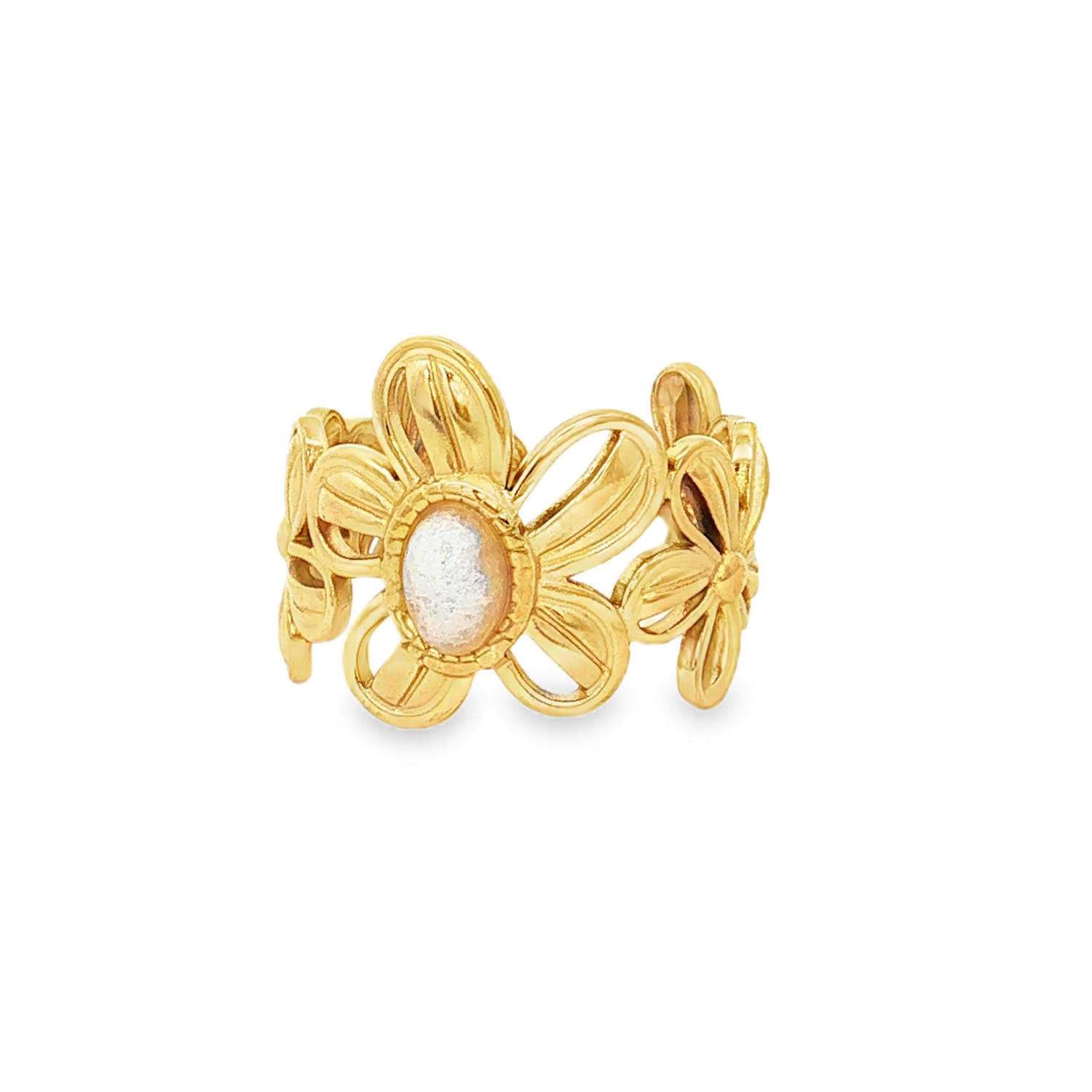 Apportez une touche de fraîcheur printanière à votre main avec cette bague imposante et raffinée. Conçue en acier inoxydable de haute qualité, elle allie la robustesse du métal à la délicatesse d'un design floral aérien.<br/>La bague se compose d'une frise de fleurs stylisées qui s'enroulent avec grâce autour du doigt. La fleur centrale, plus imposante, attire tous les regards grâce à son cœur serti d'une pierre nacrée aux reflets irisés, évoquant la douceur de l'opale.<br/>Sa structure ajustable permet de l'adapter facilement à toutes les morphologies de doigts. Ovale Adolescent Adulte Femme Fille Fleurs Indémodable Nature Apportez une touche de fraîcheur printanière à votre main avec cette bague imposante et raffinée. Conçue en acier inoxydable de haute qualité, elle allie la robustesse du métal à la délicatesse d'un design floral aérien.<br/>La bague se compose d'une frise de fleurs stylisées qui s'enroulent avec grâce autour du doigt. La fleur centrale, plus imposante, attire tous les regards grâce à son cœur serti d'une pierre nacrée aux reflets irisés, évoquant la douceur de l'opale.<br/>Sa structure ajustable permet de l'adapter facilement à toutes les morphologies de doigts. Ovale Adolescent Adulte Femme Fille Fleurs Indémodable Nature