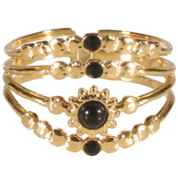 Bague multi rangs en acier doré sertie de 3 cristaux de couleur noire et avec un soleil serti d'une pierre de de couleur noire de forme ronde. Taille ajustable.