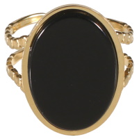 Bague en acier doré surmontée d'une pierre plate et lisse sertie clos de forme ovale et de couleur noire. Taille ajustable.