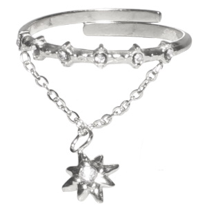 Bague en acier argenté sertie de 6 cristaux avec une chaîne et une étoile sertie d'un cristal. Taille ajustable.