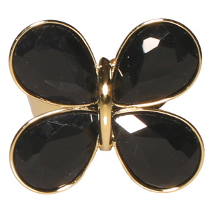 Bague en forme de papillon en acier doré sertie de cristaux de couleur noir. Taille ajustable.