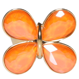 Bague en forme de papillon en acier doré sertie de cristaux de couleur orange. Taille ajustable.