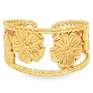 Cette bague de type ruban est confectionnée en acier doré de haute qualité, offrant un éclat chaleureux et intemporel. Sa finition polie miroir souligne une surface lisse et bombée d'une symétrie parfaite, garantissant un confort optimal. Son design floral incarne l'élégance classique et la durabilité. Un choix idéal pour un usage quotidien. Taille ajustable.