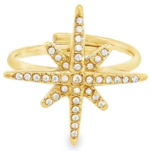 Cette bague élégante en acier doré présente un design épuré mettant en valeur une étoile sertie de strass. Sa composition raffinée offre une symétrie parfaite et une clarté exceptionnelle, captant la lumière avec intensité. Un bijou intemporel alliant finesse artisanale et élégance moderne pour sublimer toutes les occasions. Taille ajustable.