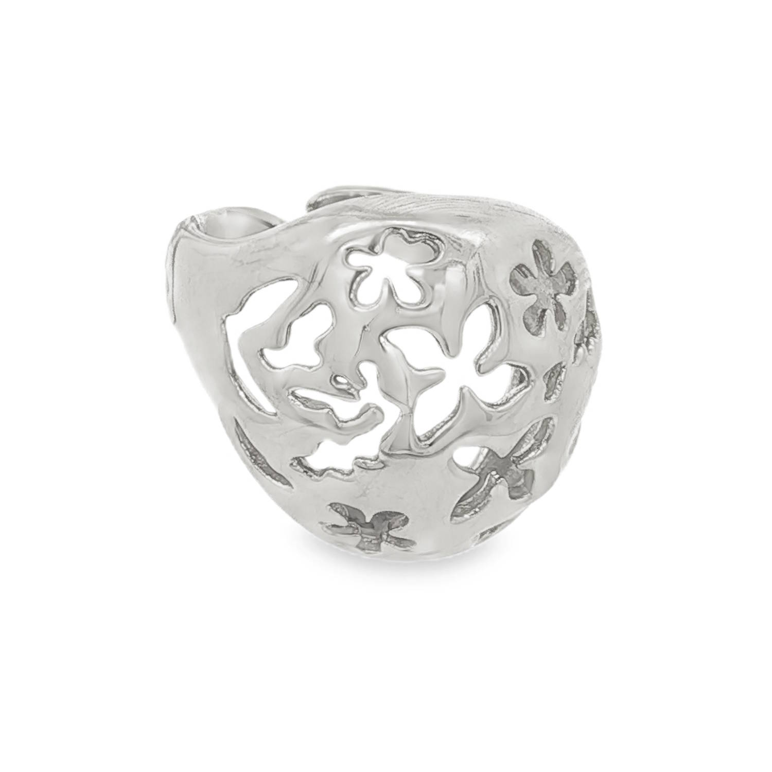 Affirmez votre style avec cette bague imposante au design artistique et organique. Conçue en acier inoxydable de haute qualité, cette pièce se distingue par son volume généreux et son travail de découpe précis.<br/>La bague présente un jeu de silhouettes ajourées représentant des fleurs et des éléments végétaux stylisés. Ces découpes laissent transparaître la peau, créant un contraste délicat avec la solidité du métal.<br/>Grâce à son anneau ouvert à l'arrière, elle s'adapte parfaitement à différentes tailles de doigts, permettant de la porter aussi bien sur l'index que sur l'annulaire selon vos envies. Adolescent Adulte Femme Fille Fleurs Indémodable Nature Affirmez votre style avec cette bague imposante au design artistique et organique. Conçue en acier inoxydable de haute qualité, cette pièce se distingue par son volume généreux et son travail de découpe précis.<br/>La bague présente un jeu de silhouettes ajourées représentant des fleurs et des éléments végétaux stylisés. Ces découpes laissent transparaître la peau, créant un contraste délicat avec la solidité du métal.<br/>Grâce à son anneau ouvert à l'arrière, elle s'adapte parfaitement à différentes tailles de doigts, permettant de la porter aussi bien sur l'index que sur l'annulaire selon vos envies. Adolescent Adulte Femme Fille Fleurs Indémodable Nature