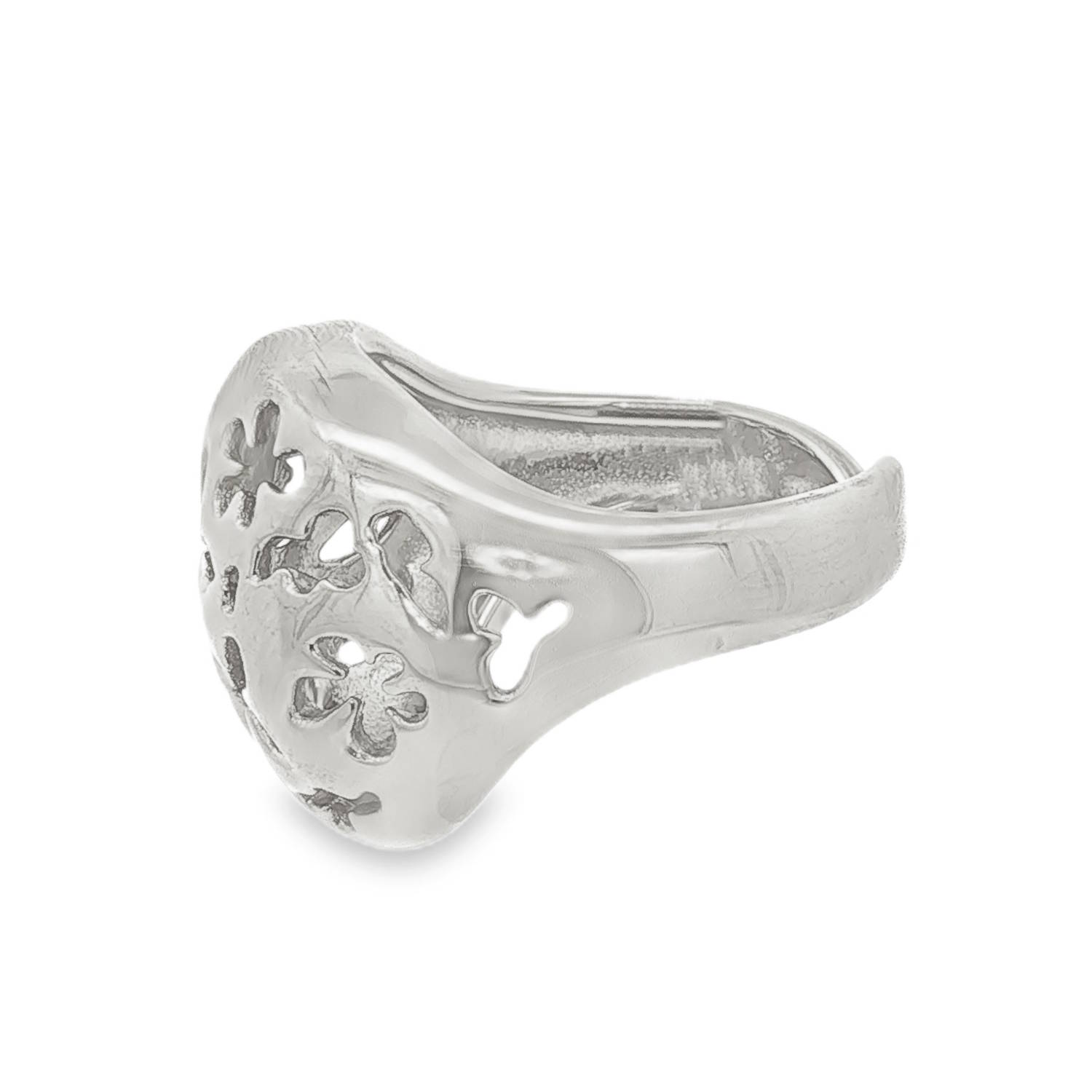 Affirmez votre style avec cette bague imposante au design artistique et organique. Conçue en acier inoxydable de haute qualité, cette pièce se distingue par son volume généreux et son travail de découpe précis.<br/>La bague présente un jeu de silhouettes ajourées représentant des fleurs et des éléments végétaux stylisés. Ces découpes laissent transparaître la peau, créant un contraste délicat avec la solidité du métal.<br/>Grâce à son anneau ouvert à l'arrière, elle s'adapte parfaitement à différentes tailles de doigts, permettant de la porter aussi bien sur l'index que sur l'annulaire selon vos envies. Adolescent Adulte Femme Fille Fleurs Indémodable Nature Affirmez votre style avec cette bague imposante au design artistique et organique. Conçue en acier inoxydable de haute qualité, cette pièce se distingue par son volume généreux et son travail de découpe précis.<br/>La bague présente un jeu de silhouettes ajourées représentant des fleurs et des éléments végétaux stylisés. Ces découpes laissent transparaître la peau, créant un contraste délicat avec la solidité du métal.<br/>Grâce à son anneau ouvert à l'arrière, elle s'adapte parfaitement à différentes tailles de doigts, permettant de la porter aussi bien sur l'index que sur l'annulaire selon vos envies. Adolescent Adulte Femme Fille Fleurs Indémodable Nature