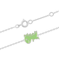 Bracelet pour enfant composé d'une chaîne en argent 925/000 rhodié et d'un dinosaure en émail de couleur. Fermoir anneau ressort avec anneaux de rappel à 13.5 et 15.5 cm.