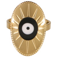 Bague de forme ovale en acier doré avec un œil de Turquie en émail de couleur noire et blanche. Taille ajustable.