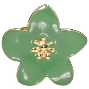 Bague surmontée d'une fleur en acier doré pavée d'émail de couleur vert. Taille ajustable.