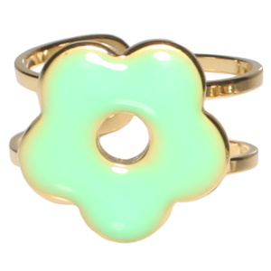 Bague en acier doré surmontée d'une fleur pavée d'émail de couleur vert. Taille ajustable.