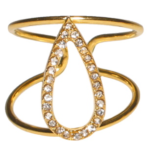 Bague en acier doré surmontée d'une goutte sertie de strass. Taille ajustable.