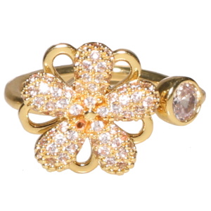 Bague en métal doré avec un strass serti clos et un fleur rotative sertie de strass. Bague anti stress avec un objet rotatif pour soulager l'anxiété et le stress.
