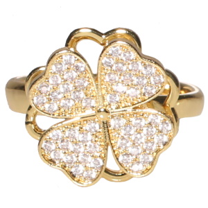 Bague en métal doré avec un trèfle à quatre feuilles rotatif serti de strass. Bague anti stress avec un objet rotatif pour soulager l'anxiété et le stress. Taille ajustable.