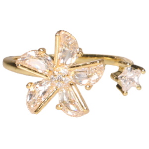 Bague en métal doré surmontée d'une fleur rotative sertie de strass et d'une étoile sertie d'un strass. Bague anti stress avec un objet rotatif pour soulager l'anxiété et le stress. Taille ajustable.