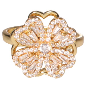 Bague en métal doré avec un trèfle à quatre feuilles rotatif serti de strass. Bague anti stress avec un objet rotatif pour soulager l'anxiété et le stress. Taille ajustable.