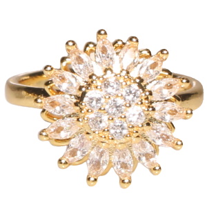 Bague en métal doré surmontée d'une fleur rotative sertie de strass. Bague anti stress avec un objet rotatif pour soulager l'anxiété et le stress. Taille ajustable.