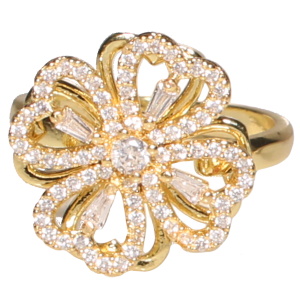 Bague en métal doré avec un trèfle à quatre feuilles rotatif serti de strass. Bague anti stress avec un objet rotatif pour soulager l'anxiété et le stress. Taille ajustable.