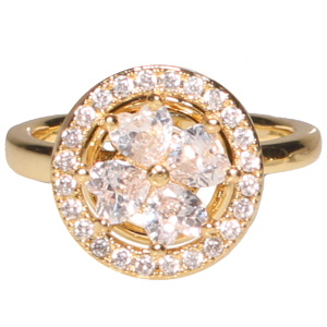 Bague en métal doré surmontée d'une fleur rotative sertie de strass entourée d'un cercle serti de strass. Bague anti stress avec un objet rotatif pour soulager l'anxiété et le stress. Taille ajustable.
