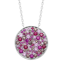 Collier composé d'une chaîne en argent 925/000 rhodié et d'un pendentif rond pavé d'oxydes de zirconium de couleur rose et violette. Fermoir mousqueton avec anneaux de rappel à 40, 42 et 45 cm.
