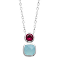 Collier composé d'une chaîne en argent 925/000 rhodié et d'un pendentif de deux pierres véritables rose et bleue serties clos. Fermoir mousqueton avec anneaux de rappel à 40, 42 et 45 cm.