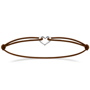 Bracelet composé d'un cordon marron et d'un cœur en argent 925/000 rhodié.