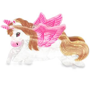 Magnifique pince crabe pour cheveux représentant une licorne ailée de couleurs vives et nacrées.