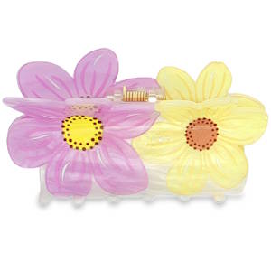 Cette pince à cheveux est l'accessoire parfait pour apporter une touche printanière et romantique à votre coiffure. À la fois fonctionnelle et esthétique, elle se distingue par son design délicat. Elle se compose de deux grandes fleurs épanouies, l'une d'un mauve délicat et l'autre d'un jaune lumineux. Les pétales présentent un effet légèrement translucide et irisé, captant la lumière pour un rendu élégant et texturé. Le cœur de chaque fleur est travaillé avec des petits points contrastés, imitant l'aspect naturel des pistils.