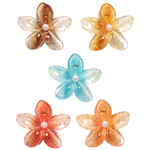 Pince crabe pour cheveux en forme de fleur en plastique de couleur et transparent surmontée d'une perle d'imitation. 5 coloris différents. Vendu à l'unité. Votre préférence en commentaire.