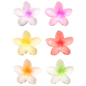 Pince crabe pour cheveux en forme de fleur en plastique de couleur. 6 coloris différents. Vendu à l'unité. Votre préférence en commentaire.