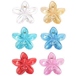 Pince crabe pour cheveux en forme de fleur en plastique de couleur transparent. 6 coloris différents. Vendu à l'unité. Votre préférence en commentaire.