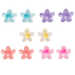 Lot de 2 pinces crabes pour cheveux en forme de fleur en plastique de couleur. 5 coloris différents. Vendu par lot de deux. Votre préférence en commentaire.