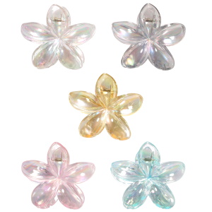 Pince crabe pour cheveux en forme de fleur en plastique de couleur transparent. 5 coloris différents. Vendu à l'unité. Votre préférence en commentaire.