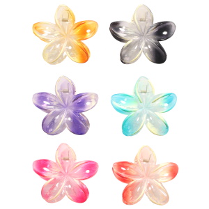 Pince crabe pour cheveux en forme de fleur en plastique de couleur. 6 coloris différents. Vendu à l'unité. Votre préférence en commentaire.