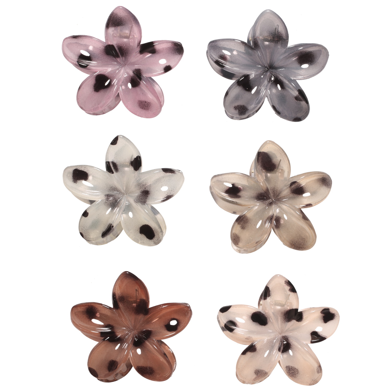 Pince crabe pour cheveux en forme de fleur en plastique de couleur. 6 coloris différents. Vendu à l'unité. Votre préférence en commentaire.