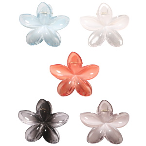 Pince crabe pour cheveux en forme de fleur en plastique de couleur. 5 coloris différents. Vendu à l'unité. Votre préférence en commentaire.